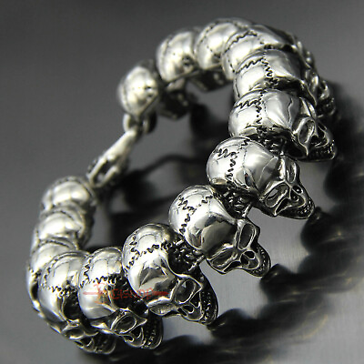 #ad Heavy Goth Skull Link Chain Stainless Steel Bracelet Retro Men#x27;s Biker Rocker