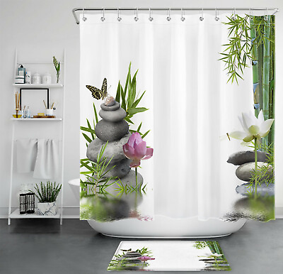 #ad Green Bamboo Spa Shower Curtain Zen Butterfly Flower Bathroom Accessories Set
