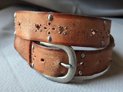 #ad vintage STUDDED leather belt WESTERN brown 32 tooled COWBOY motorcycle