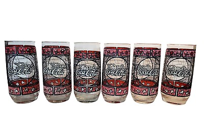 #ad VTG Coca Cola Tiffany Style Stained Glass Drinking Glasses Tumblers Set Of 6