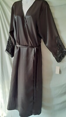 #ad Flora Nikrooz Black Robe Applique Lace Trim Vintage Style Long 3X 62 quot; BUST