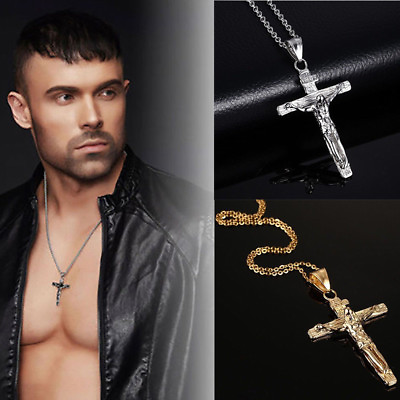 #ad Stainless Steel Crucifix Jesus Cross Pendant Necklace Chain Men Fashion Jewelry