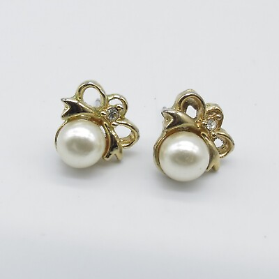 #ad Faux Pearl Dainty Bow Pierced Stud Earrings 0.5quot; Gold Tone Cute Classic Earrings