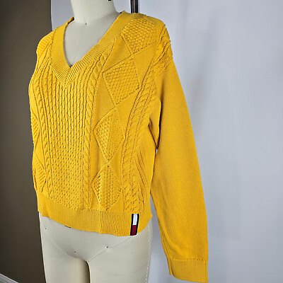 #ad Vtg Tommy Jeans Womens Cable Knit Tennis Sweater Ribbed Trim Cotton Yellow Sz S