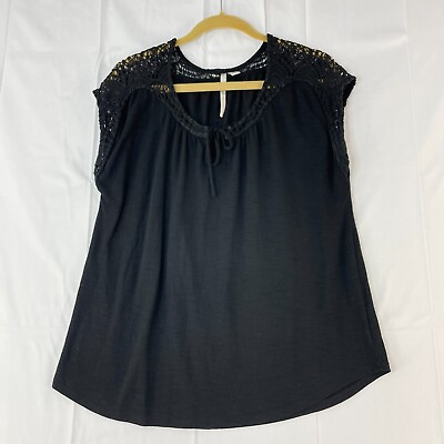 #ad LC Lauren Conrad Black Short Sleeve Shirt Womens Crochet Casual Stretch Size L
