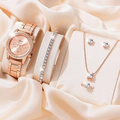 #ad 6PCS Set Luxury Watch Women Ring Necklace Earrings Rhinestone Fashion Wristwatch