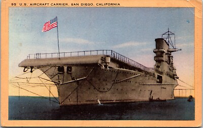 #ad U.S. Aircraft Carrier San Diego Ca Naval Ship Postcard Linen Unposted A1107
