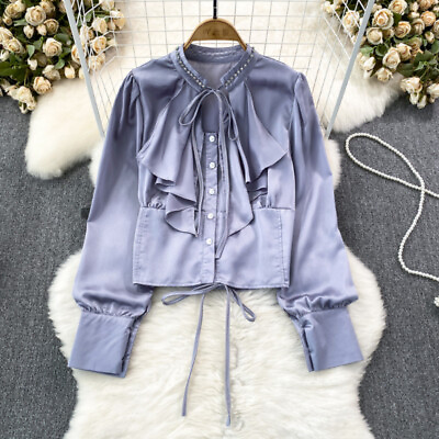 #ad Lady Satin Ruffles Blouse Tops Shirts Casual Formal Faux Silk Retro Soft Fashion