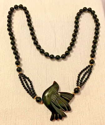 #ad Black Onyx Dove Necklace Beaded Pendant 32quot; Gold Tone Spacer Beads VINTAGE Asian $48.95