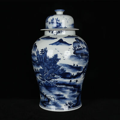 #ad 15quot;Antique qing dynasty Porcelain kangxi mark Blue white landscape house jar pot