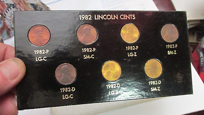 #ad ONE 1982 Set of 7 Lincoln Cent Varieties on CARD IN SLEEVE CU amp; FIRST YEAR ZINC