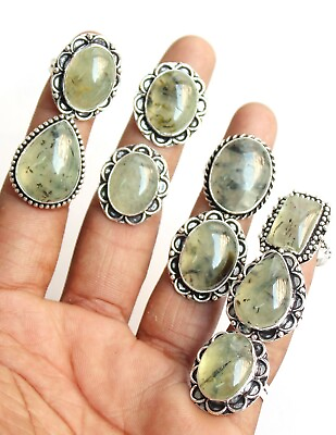 #ad PREHNITE Rings Gemstone handmade Rings Silver Plated Rings Women Rings T# 7