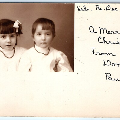 #ad 1905 UDB Adorable Sisters RPPC Fancy Christmas Card Girls Photo Ruth Boltz A174