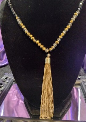 #ad RARE Vintage Gold Tone Glass Faceted Beaded Tassel Necklace 258