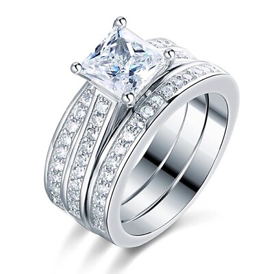 #ad Womens Silver 1.5 Carat Princess Cut Wedding Ring Set w Matching Band Size 11