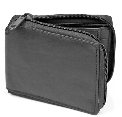 #ad Mens Zip Around Bifold Wallet Genuine Leather Black Id Pocket Credit Card Window