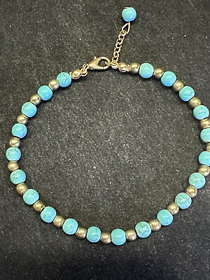 #ad Ankle Bracelet Faux Turquoise w Gold Tone Spacer Beads Anklet 8 10” EUC