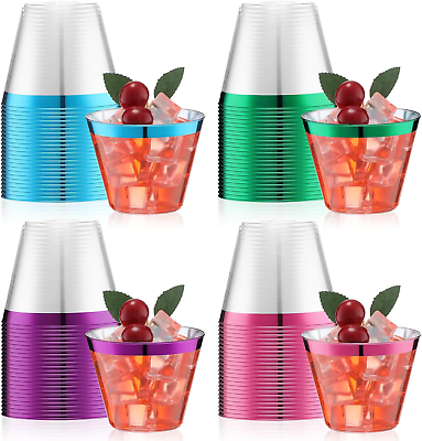 #ad 100 Pcs 9 Oz Rimmed Plastic Cups Clear Disposable Wine Glasses Heavy Duty Cockta