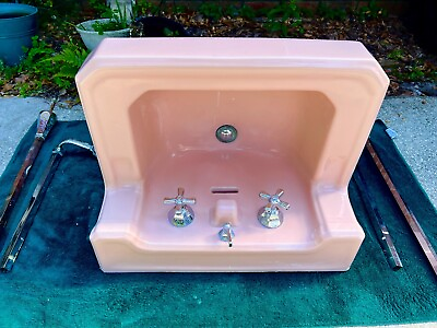 #ad Vintage Deco Coral Pink Porcelain Wall Sink with Chrome legs towel Bars