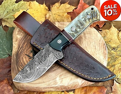 #ad Damascus Steel Knife Ram Horn Handle Forged w. Leather Sheath Personalized Gift