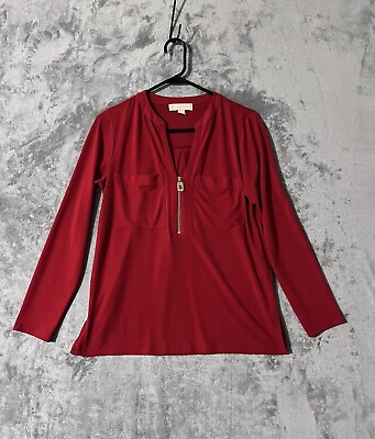 #ad MICHAEL KORS Red Jersey Blouse Shirt Womens M 1 4 Zip 3 4 Sleeves Pockets***