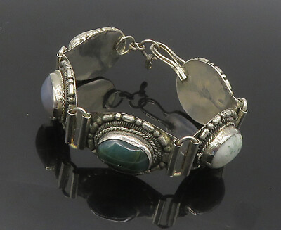 #ad 925 Silver Vintage Cabochon Jasper amp; Agate Shiny Hinge Chain Bracelet BT7129