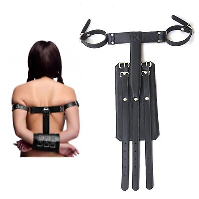 #ad BDSM Leather Black Wrist Cuffs Restraints Bondage Back Arm Handcuff Bicep Cuff
