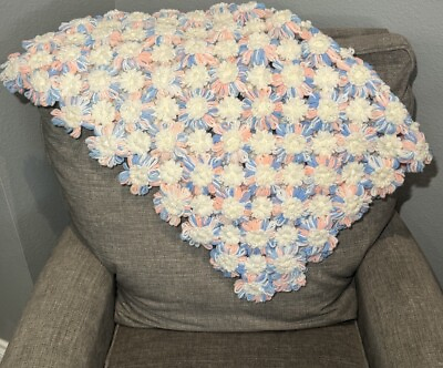 #ad Baby Blanket Afghan Crocheted with Raised Flowers White Blue And Pink