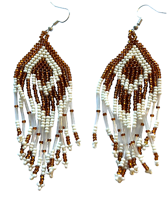 #ad Fashion Seed Bead Earrings long dangling strands gold white