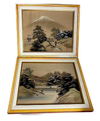 #ad 2 Vintage Japanese Silk 3D Textile Tapestry ART Pictures Wood Frames Signed MCM