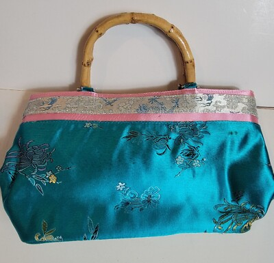 #ad Womens Purse Cheongsam Blue Asian Wooden Handle Magnetic Vintage