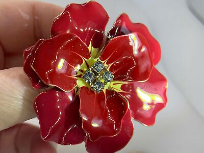 #ad Flower Marigold Red Clear Rhinestone Huge Gold Pin Brooch V 3570