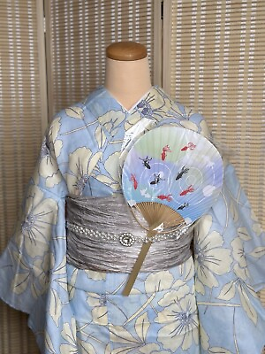 #ad Japanese Traditional Yukata Summer Kimono Water Blue Base with Flower Full Set