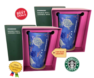 #ad LOT OF TWO Starbucks Hawaii Blue Ocean Turtle Ceramic Double Wall Cup 12oz $63.00
