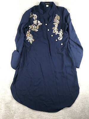 #ad Zainab Hasan Shirt Women Small Blue Long Sleeve Front Button Classic Embroidered