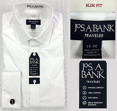 #ad Jos A Bank Traveler Dress Shirt 16 36 Slim Fit White French Cuff New NWT #H62