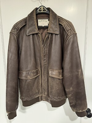 #ad ORVIS Mens Brown Genuine Leather Bomber Jacket Size Large
