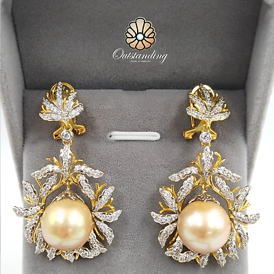 #ad New Golden Natural 12mm Seawater Pearl Dangle Drop Earrings Yellow Gold Womens
