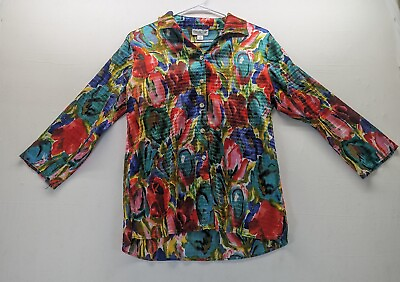 #ad Coldwater Creek Womens Shirt SM Colorful All Over Print Stretch Top Button Up