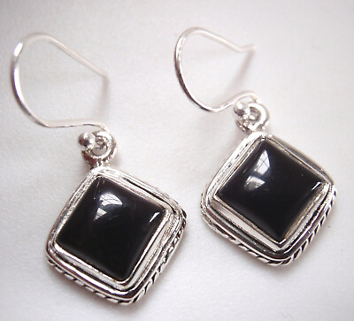 #ad Square Black Onyx 925 Sterling Silver Dangle Earrings and Accented Border