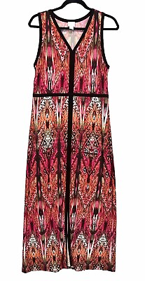 #ad Chico#x27;s Maxi Dress Brown Pink Geometric Sleeveless Bohemian Size 1 Medium 8 10