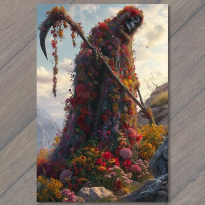 #ad POSTCARD Grim Reaper Flowers Weird Strange Sky Colorful Unusual Skeleton Creepy