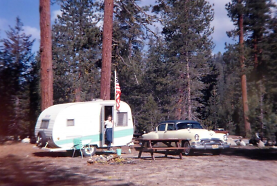 #ad 1959 Mercury Travel Trailer Cadillac Car lot 8 Kodak Slides Camping Canned Ham