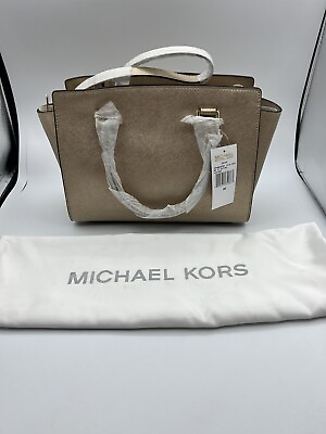 #ad New Michael Kors Medium Selma Pale Gold Leather Satchel Bag Handbag