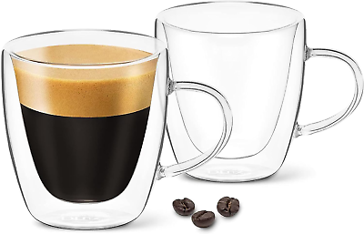 #ad DLux Espresso Coffee Cups 3oz Double Wall Clear Glass Set of 2 Glasses with Ha