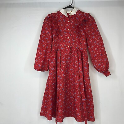 #ad EBERETTE GIRLS 12 RED FLORAL LONG SLEEVE RUFFLE FRONT TIES IN BACK DRESS
