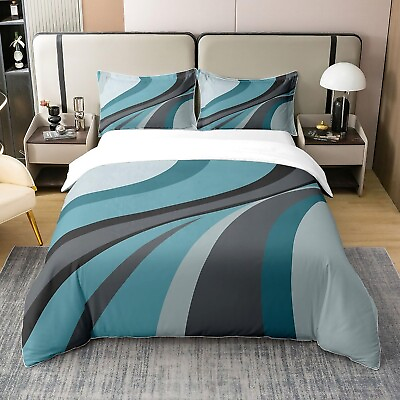 #ad Modern Blue Gray 100% Cotton Duvet Cover Queen Chic Turquoise Decor Bedding ...