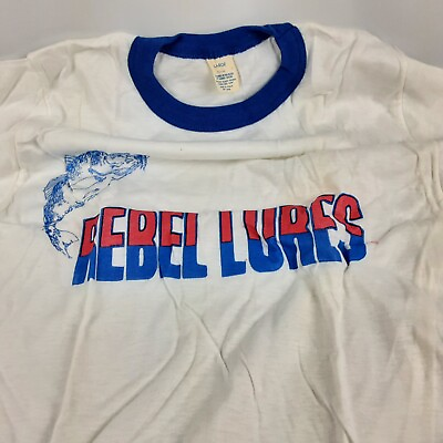 #ad Vintage Rebel Lures Fishing T Shirt L 42 44 White Blue