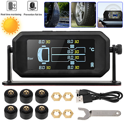 #ad Wireless Solar TPMS LCD Car Tire Pressure Monitoring System 6 External Sensors