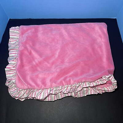 #ad Trend Lab Baby Blanket Solid Pink Stripe Ruffles Reversible Plush Fleece Lovey